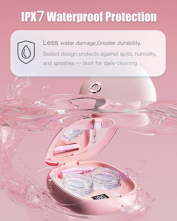 Vastsoon Ultrasonic Contact Lens Cleaner Machine – Portable, Rechargeable Cleaning Kit with 4 Contact Lens Solution Cases, Applicator & Removal Tools – for Travel & Home Use (Pink)