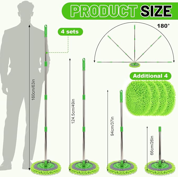 4 Pack 360° Spin Mop with 4 Microfiber Mop Refills, Extendable 63" Stainless Steel Handle for Easy Floor, Ceiling, Wall & Window Cleaning, Household Mops(Green)