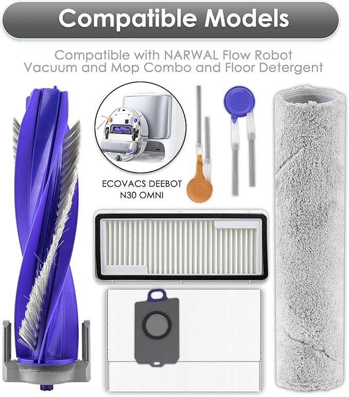 (16 Pack) For Narwal Flow Replacement Parts Compatible with Narwal Flow Robot Vacuum Cleaner, 1 Roller Brush, 1 Track-type Mop, 4 Side Brushes, 5 HEPA Filters, 5 Dust Bags, Accessories Kit