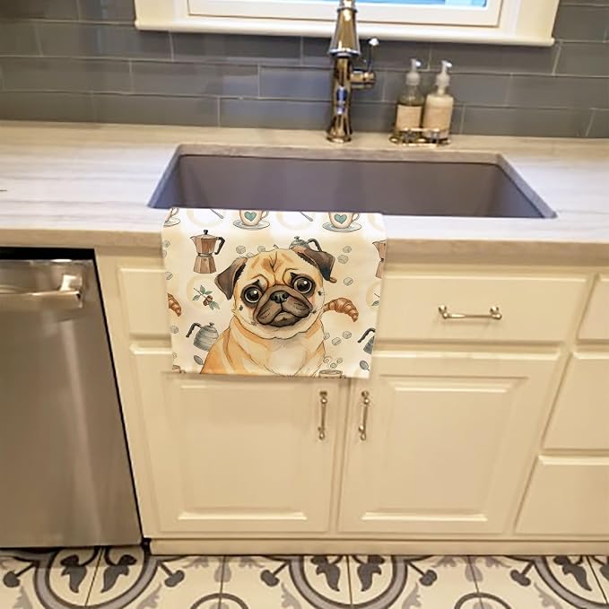 Caroline's Treasures Fawn Pug Coffee Bar Kitchen Towel Velour Plush Front and Cotton Loop Back Machine Washable