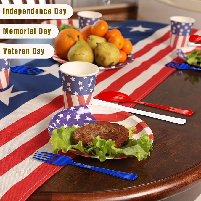 153Pcs Red White and Blue Plastic Silverware, 4th of July Silverware, Red White Blue Utensils Set Includes Spoons, Forks and Knives for 4th of July, World Cup, BBQs & Picnics