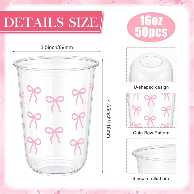 Ziliny 50 Pcs 16oz Pink Wavy Bow Cups Birthday Party Decorations Supplies Disposable Plastic Cups for Bachelorette Party Valentines Galentines Day Christmas Wedding Baby Shower