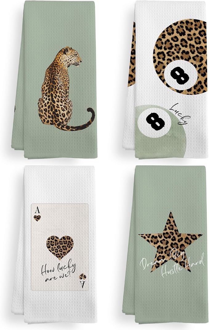 Trendy Leopard Cheetah Print Poker Lucky 8 Ball Bathroom Decor, Preppy Funky Sage Green Decor Dish Hand Towels for Bathroom Kitchen Sets of 2, Cheetah Kitchen Towels and Dishcloths, 16x24inch