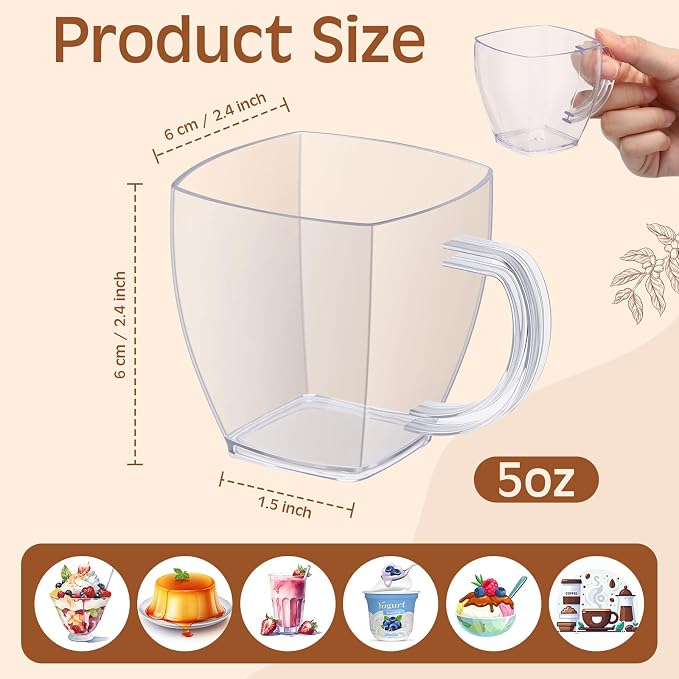 Amyhill 50 Pcs 5 oz Disposable Tea Cups Bulk with Handle Mini Hard Plastic Coffee Mug Square Disposable Espresso Cups for Tea Party Wedding Catering Dessert Sampling (Clear)