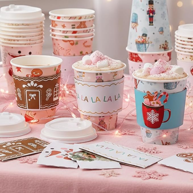 Gueevin 72 Set/ 216 Pcs Christmas Paper Cups Disposable 12 oz Christmas Coffee Cups with Lids and Sleeves Xmas Winter Party Supplies for Hot Chocolate Cocoa Cold Drinks Water Supplies(Novelty)