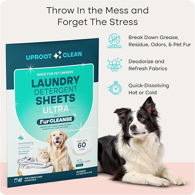 Uproot Clean Laundry Sheets Ultra - 30 Pack - Fresh Scent: Extra-Large Enzyme-Powered Laundry Detergent Sheets Travel Pack - Eliminate Clinging Fur, Pet Odors, & Messy Residue - Up to 60 Loads