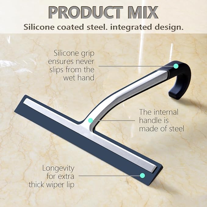 Shower Squeegee for Glass Doors – 10" Silicone Squeegee with Built-in Hook, One-Piece Seamless Design, Streak-Free & No-Scratch Window Cleaner for Bathroom, Mirrors & Tiles Black