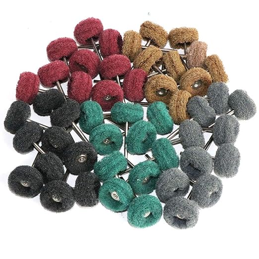 FPPO 50PCS Abrasive Buffing Polishing Wheel Set for Rotary Tool,Mini scouring pad Brush Polishing kit, Removal of Rust,Deburring on Metal Surface,with 3mm Mandrel