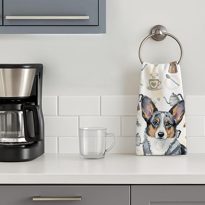 Caroline's Treasures Blue Merle Cardigan Welsh Corgi Coffee Bar Kitchen Towel Velour Plush Front and Cotton Loop Back Machine Washable