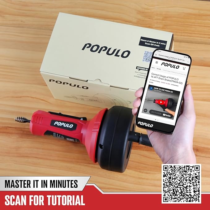 POPULO Auto-Feed 17FT Drain Snake Auger for 3/4"-2" Pipe, Plumbing Snake Drain Auger with Drill Adapter, Sink Snake Drain Hair Remover for Kitchen, Bathroom and Shower Sink, PMDA-5