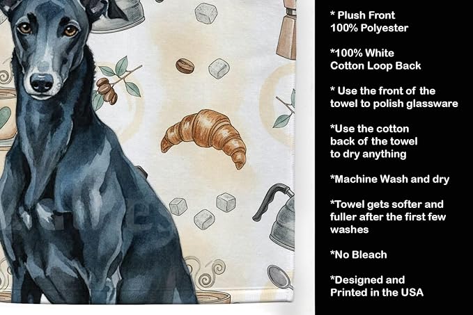 Caroline's Treasures Black Greyhound Coffee Bar Kitchen Towel Velour Plush Front and Cotton Loop Back Machine Washable