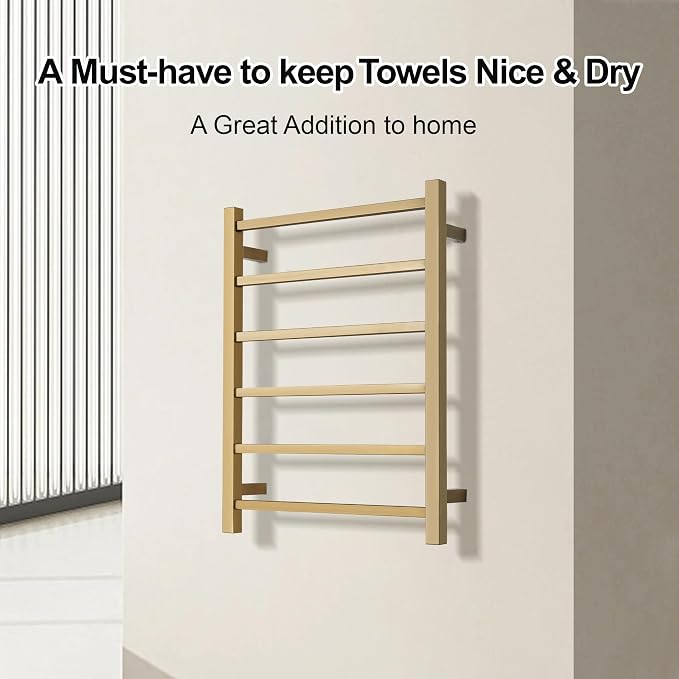 Electric Heated Towel Warmer - Wall Mounted Bathroom Towel Rack, Plug-in Design & Brushed Stainless Steel 6 Bar Gold with Single Press
