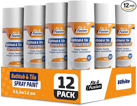Fix & Fusion Bathtub & Tile Spray Paint, Multi-Surface Coating for Bathroom & Kitchen, High Adhesion, Water-Resistant, for Porcelain, Ceramic, Fiberglass, Countertops & More, White 13.5 oz (Pack of 12)