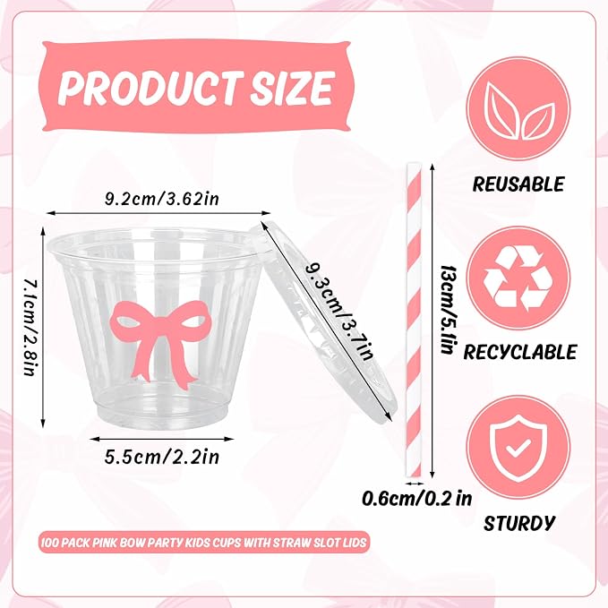 Whaline 100 Pcs Pink Bow Disposable Plastic Cups with Lids and Straws 9 Oz Coquette Bow Knot Cold Beverage Drinking Cup for Wedding Birthday Bridal Baby Shower Party Supplies