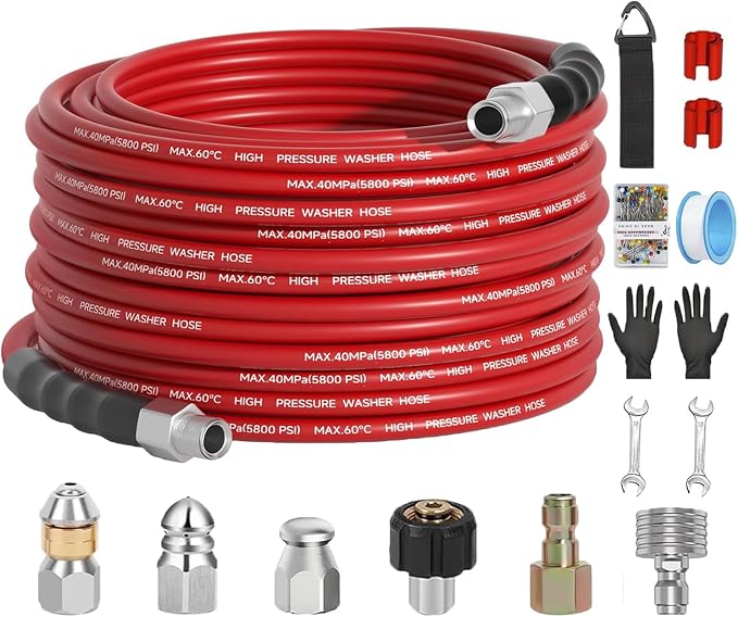 50FT Sewer Jetter Kit for Pressure Washer 5800PSI,1/4" NPT Drain Jetter Hose with 1/4" Quick Plug，3 Sewer Jet Nozzles，Spanners Teflon Tape Gloves and Spray Nozzle for Cleaning