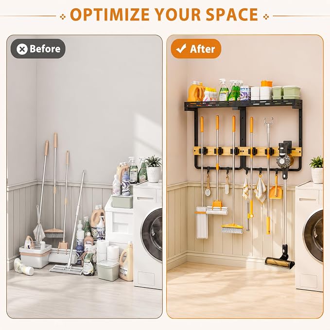 Large Broom Holder Wall Mount with Shelf, Mop Tool Organizer | 5 grippers, 6 hooks, vacuum slot, bamboo board, spray bottle tray, garage utility use