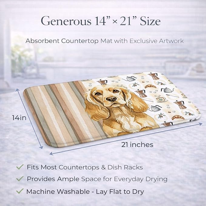Caroline's Treasures Buff Cocker Spaniel Coffee Bar Dish Drying Mat Absorbent Dish Drying Mat Pad for Kitchen Counter Dish Drainer Mat for Countertop, 14 x 21", Multicolor