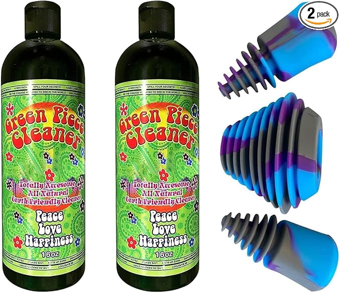 Green Piece® Glass Cleaner 2 Bottles (Made in USA)-16 oz with 1Purple Psychedelic Plug Set - Excellent for Cleaning and Smell Proofing
