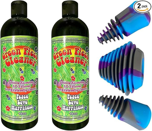 Green Piece® Glass Cleaner 2 Bottles (Made in USA)-16 oz with 1Purple Psychedelic Plug Set - Excellent for Cleaning and Smell Proofing