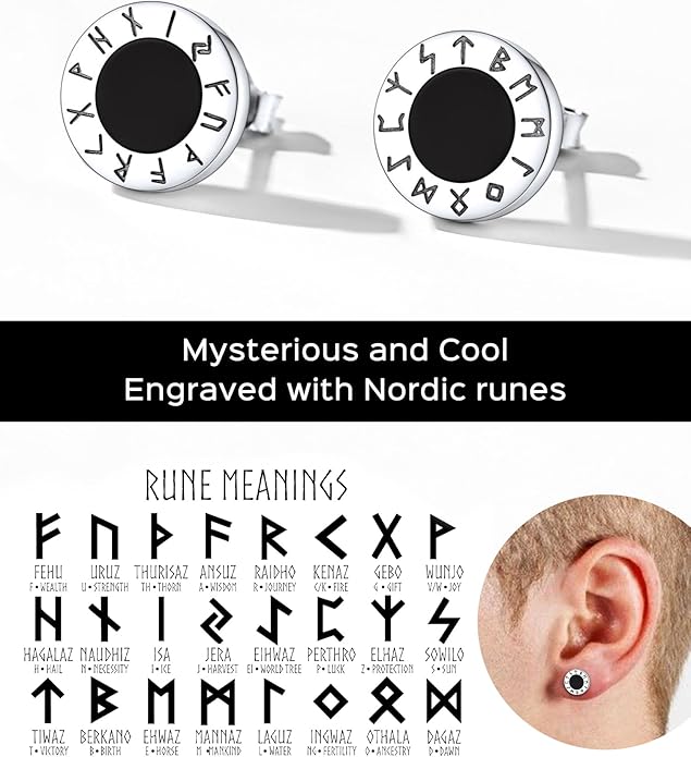 ChicSilver 925 Sterling Silver Viking Rune Natural Black Onyx Stud Earrings For Women Men