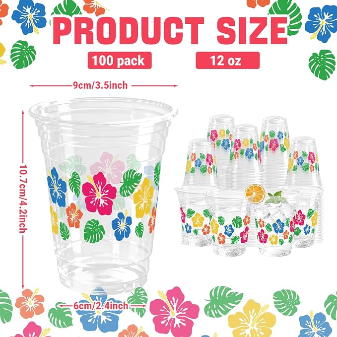 100 Pack Hawaii Hibiscus Flower Plastic Cups 12 oz Colorful Tropical Flower Disposable Cup Drinking Cold Beverage Cup for Summer Beach Luau Aloha Birthday Party Supplies