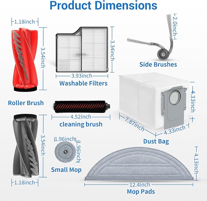 29Pcs Replacement Parts Accessory for Roborock Saros 10 Robot Vacuum Kit, 2 Main Brush, 1 High-Speed Clean, 4 Hepa Filter, 8 Mop Pads, 6 Side Brush, 6 Dust Bags, 1 Screwdriver, 1 Clean Tool