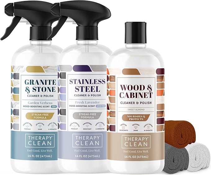 Therapy Clean Stainless Steel & Wood Cleaner Kit Bundle – Includes Microfiber Cloths