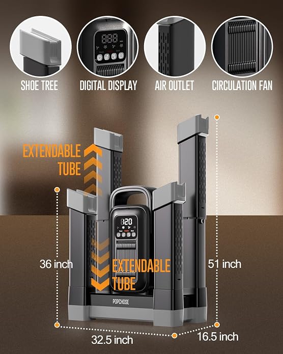 POPCHOSE Boot Dryer with Ozone Deodorizer, 1.5H Fast Drying Shoe Dryer, Silent & Adjustable Timer, Forced Heat Boot Warmer