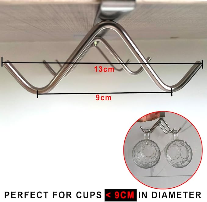 6 Hooks Under Cabinet Mug Holder for Coffee Cups and Kitchen Utensils, Silver
