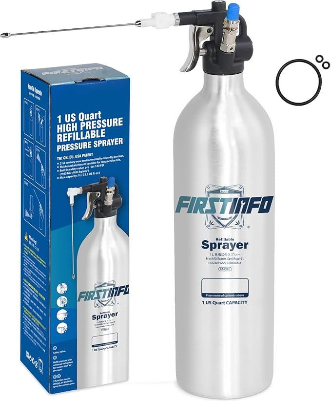 FIRSTINFO A1638L (3rd Gen) Patented Max. Pressure 140psi / 1000ml Thickened Aluminum Canister Refillable Aerosol Spray Can | Pneumatic Compressed Air Sprayer | Wide Mist Spray