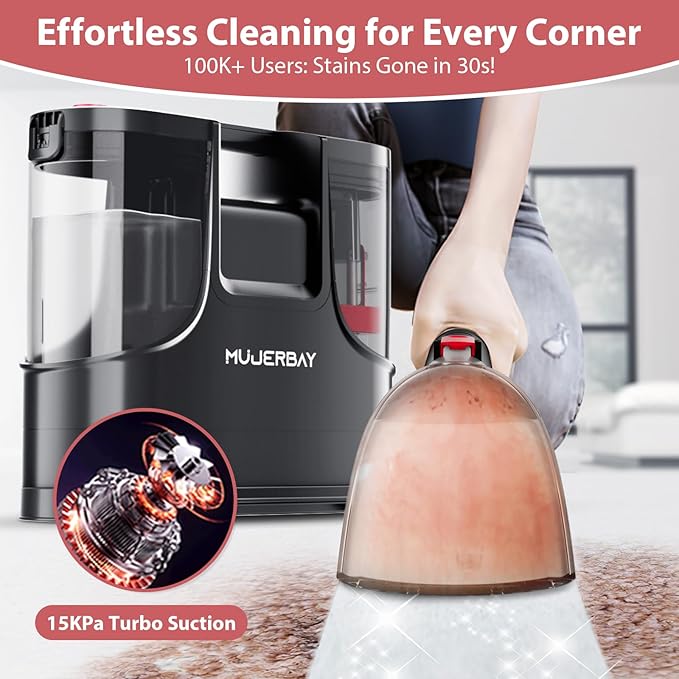 Carpet Cleaner Shampooer Machine, MUJERBAY Portable Spot & Stain Upholstery Cleaner Machine, Easy Move with Handle, 1.5-inch Deep Cleaning Machine for Couch, Stairs, Car and Pet Messes.