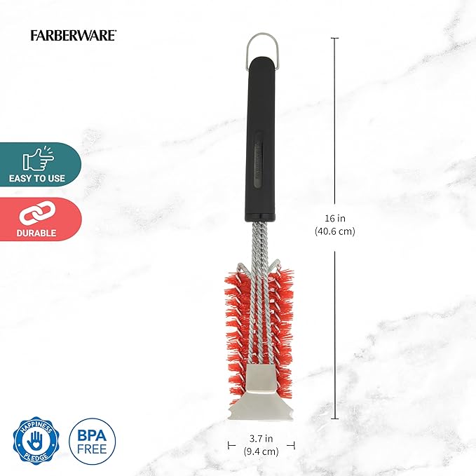 Farberware BBQ Triple Nylon Head Grill Brush, 360-Degree Spiral Head for Hard to Reach Areas of Your Grill, Dishwasher Safe