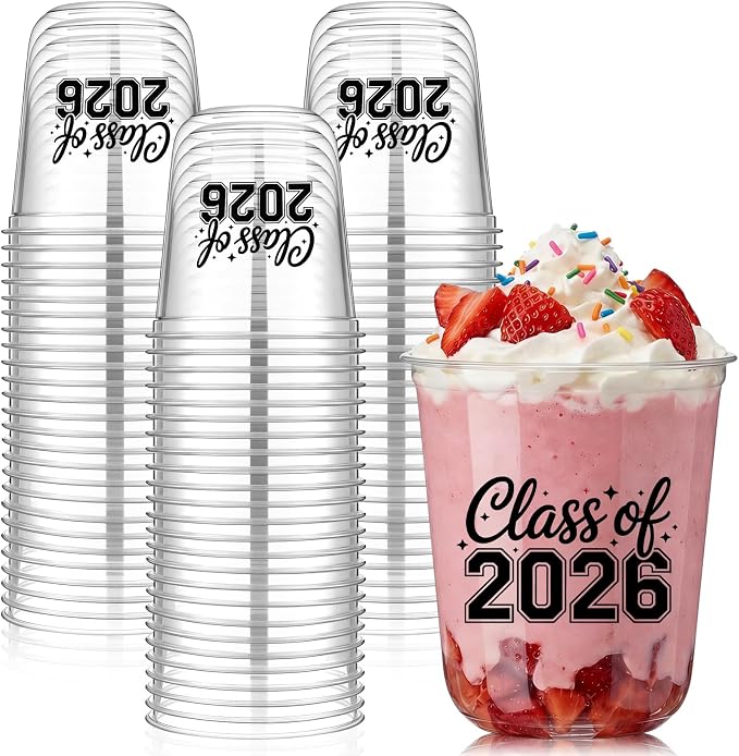 Potchen 50pcs Graduation Cups Class of 2026 12oz Clear Plastic Graduation Party Cups for 2026 Celebration Party Supplies Congrats Grad Tableware Decoration(Black)