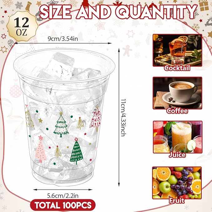 100Pcs Boho Christmas Tree Plastic Party Cups, 12oz Xmas Disposable Clear Cups for Christmas Party, Holiday Gatherings, Decorative Drinkware Supplies