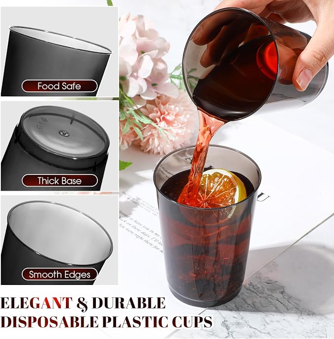 Teenyyou 150 Pcs Black Plastic Party Cups 10 oz Disposable Wedding Cups Heavy Duty Plastic Cups Fancy Cocktail Cups Drinking Tumblers for Family Gatherings Parties Afternoon Tea Wedding