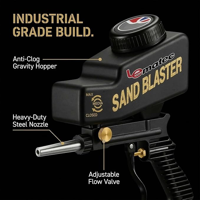 LE LEMATEC Portable Sand Blaster Gun Kit | Gravity Feed Air Tool for Rust Removal, Glass Etching & Paint Stripping | Requires 4 CFM @ 90 PSI Air Compressor - Sandblasting Steel Nozzle