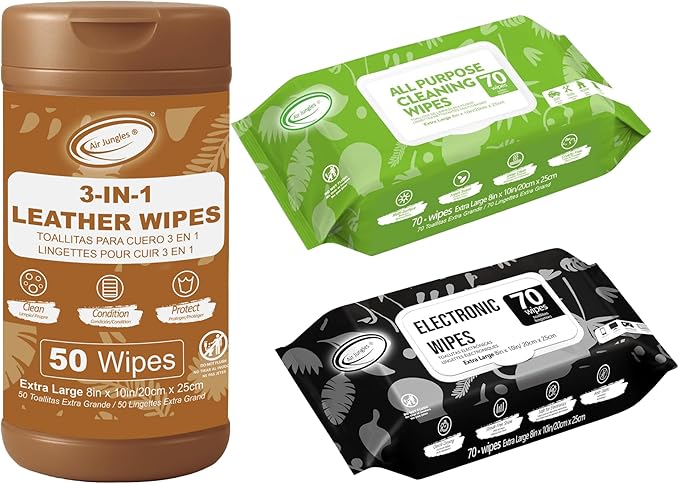 Air Jungles Cleaning Bundle: 3in1 Leather Wipes (50 Count) + All-Purpose Cleaning Wipes (70 Count) + Electronic Screen Wipes (70 Count), Extra-Large 8" x 10"