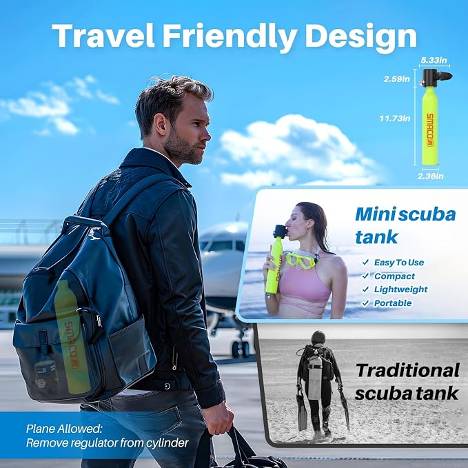 SMACO Mini Scuba Tank 0.5L Portable Small Diving Tank for Underwater Breathing Reusable Diving Cylinder Lung Air Tank for Emergency Rescue Boat Cleaning Backup Air Source Pony Bottle S300