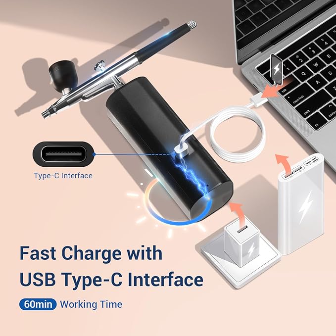 imyyds Airbrush Kit with Compressor, 32 PSI Cordless Air Brush Kit with Air Compressor, LED Display Single-action Airbrush Compressor,Pressure Adjustable Portable Airbrush Kit for Nails,Painting,Model