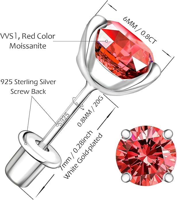Moissanite Screw Back Earrings Studs - 0.2CT-4CT Moissanite Earrings for Women 925 Sterling Silver Piercing Real Colorful Moissan Hypoallergenic Jewelry Ear Stud Gifts