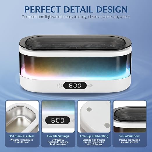 Ultrasonic Jewelry Cleaner 48KHz with RGB Lights for Eyeglasses, Rings, Watches, Dentures, 350ML 304 Stainless Steel Tank, Dual Modes Professional Sonic Cleaner Gift for Wife,Mom,Daughter