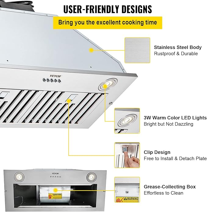 VEVOR Insert Range Hood, 800CFM 3-Speed, 30 Inch Stainless Steel Built-in Kitchen Vent with Push Button Control LED Lights Baffle Filters, Ducted/Ductless Convertible, ETL Listed