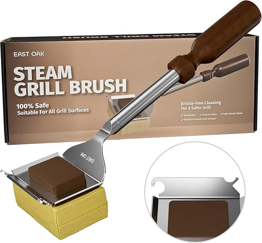 East Oak Bristle-Free Grill Brush, 2mm Thick Stainless Steel Rod, Heat-Resistant Aramid Sponge Head (900°F), Steam Cleaning Brush with Scraper, Safe for Cast Iron & Stainless Steel Grates