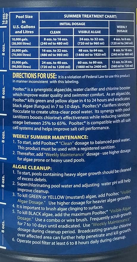 EasyCare 30064 PoolTec Algaecide, Clarifier and Chlorine Salt Cell Booster, 64 oz. Bottle