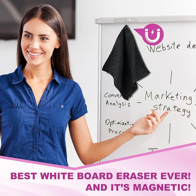 Tudomro 30 Pcs Magnetic Microfiber Cleaning Cloth Dry Erasers Bulk for Most Whiteboards Dry Erase Cloth Cleaner Reusable, Home, Office, 10'' x 10''(Black)
