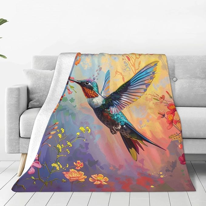 Hummingbird Flower Blanket Bird Floral Decor Throw Blanket Cozy Plush Flannel Fleece Warm Soft Lightweight Fuzzy Blanket Hummingbird Gifts for Women Girls Boys Teens for Bed Sofa Couch 40"X50"