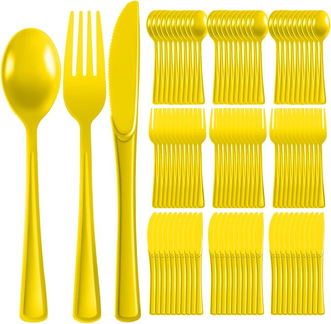 Plastic Silverware 150 PCS Disposable Silverware Heavy Duty Utensil Sets 50 Of Each Forks Knives & Spoons Disposable Cutlery Set For Easter,Birthday,Baby Shower,Garden Party,Wedding(150,Yellow)