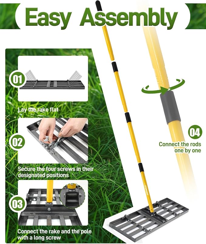 Joyhalo Lawn Leveling Rake, 30 Inch Yard Lawn Leveling for Soil with 78" Adjustable Steel Handle, Heavy Duty Effort Saving Landscape Lawn Leveler for Yard Garden Golf Course Soil Sand Dirt Grass