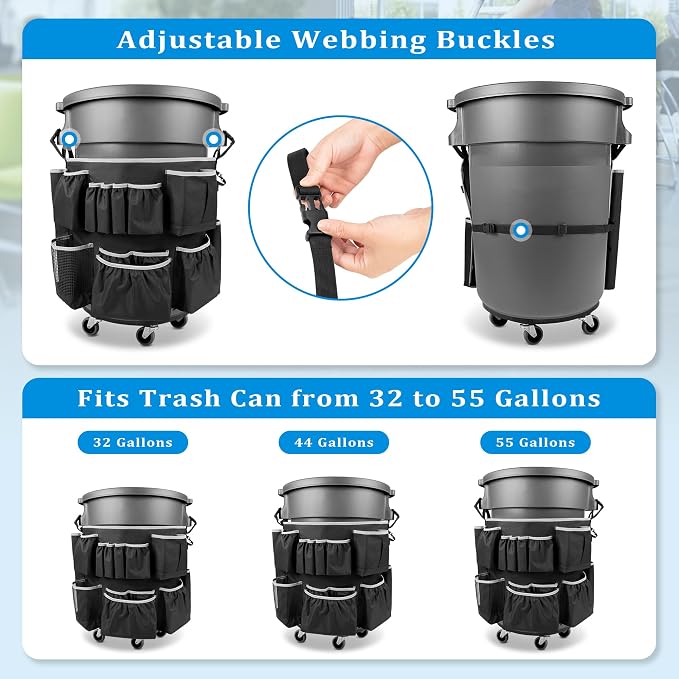 HODRANT Trash Can Caddy Bag Fit 32-55 Gallon Garbage Bin, Cleaning Caddy Bag with Adjustable Buckle for Industrial Trash Can, 13 Pockets Cleaning Tool Organizer for Cleaning Supplies, Gray Edge