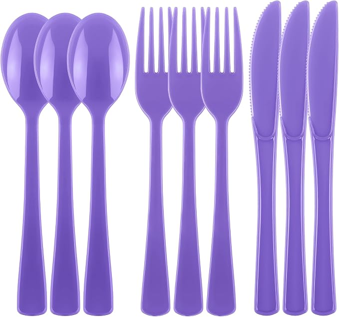 Kochorie 300 Pieces Purple Plastic Silverware, Disposable Plastic Utensils, Heavy Duty Cutlery Set Heavyweight Flatware Includes Spoons Forks Knives for Birthday Party Prom Night Wedding Dinner